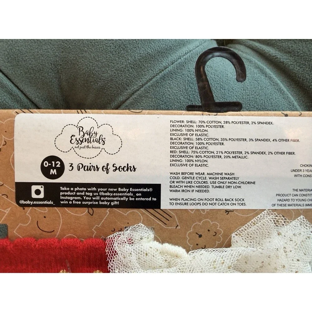 Baby Essentials 4 Pair Socks Assorted Colors 0-12 Months Girls Holiday Christmas